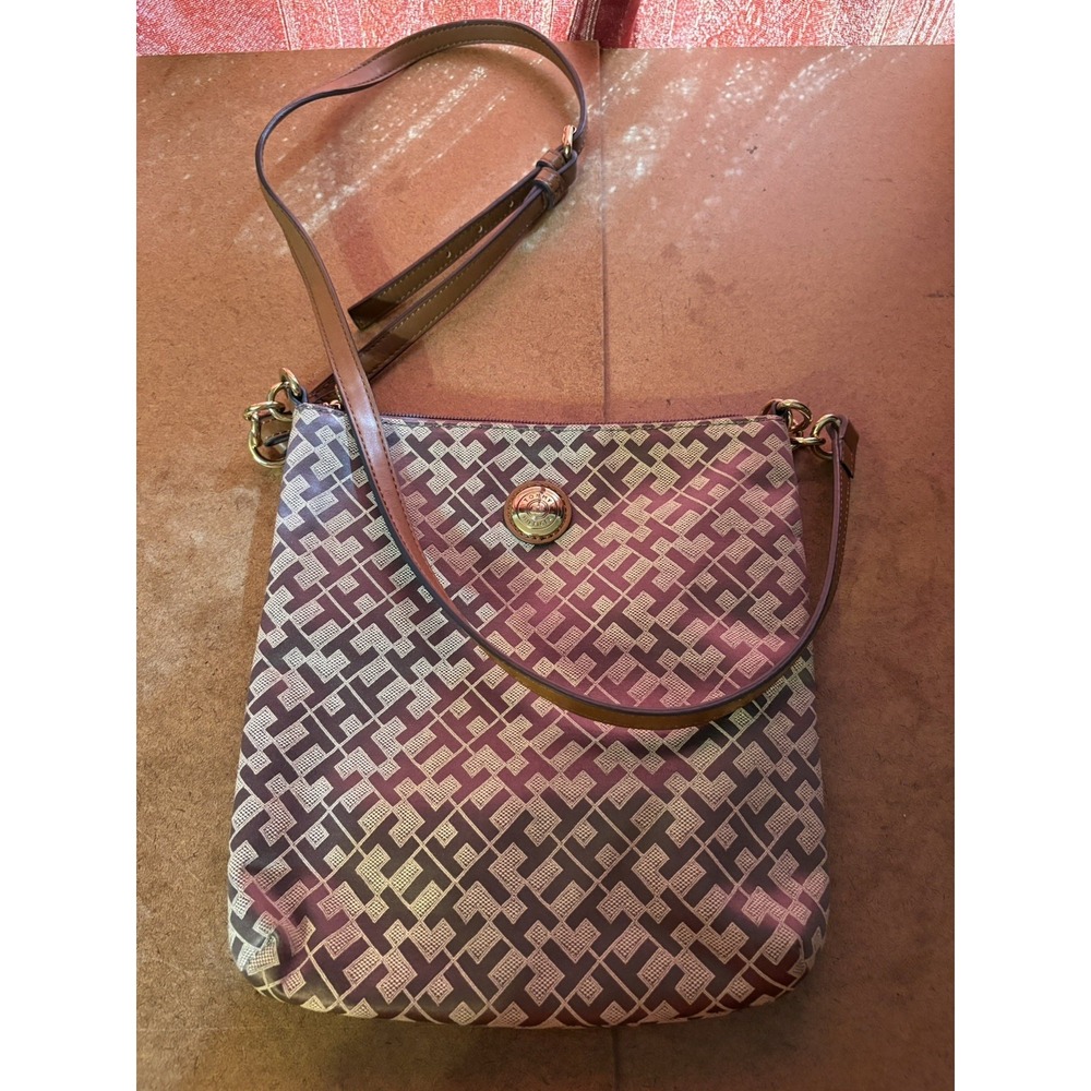 Tommy Hilfiger Beige and Brown Monogram Crossbody Purse Adjustable Strap